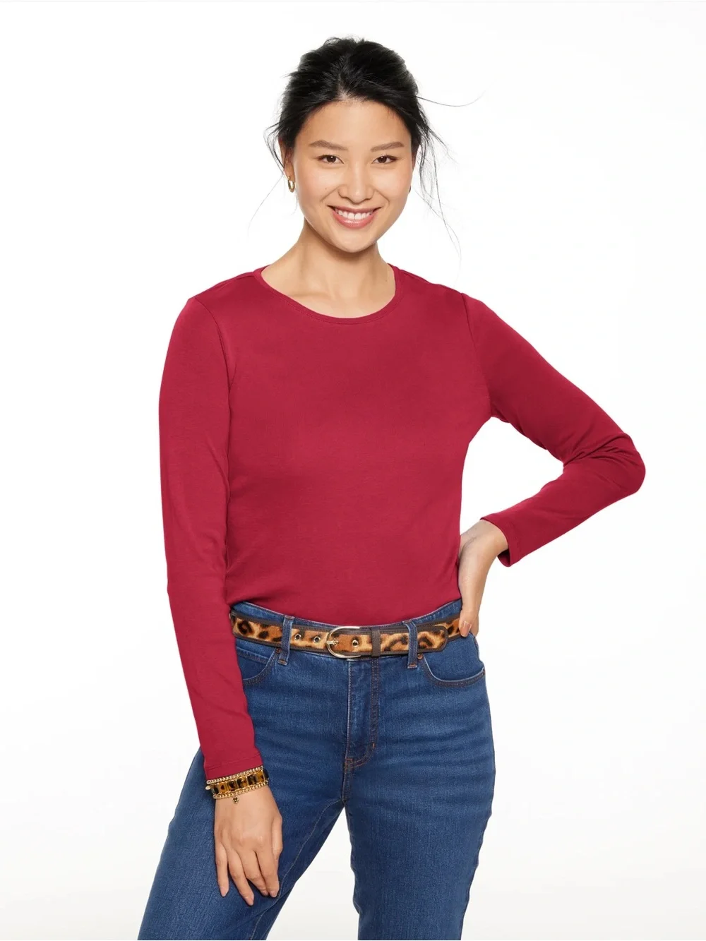 Talbots Long Sleeve Crewneck Top in Berry Red - Picture 2 of 5
